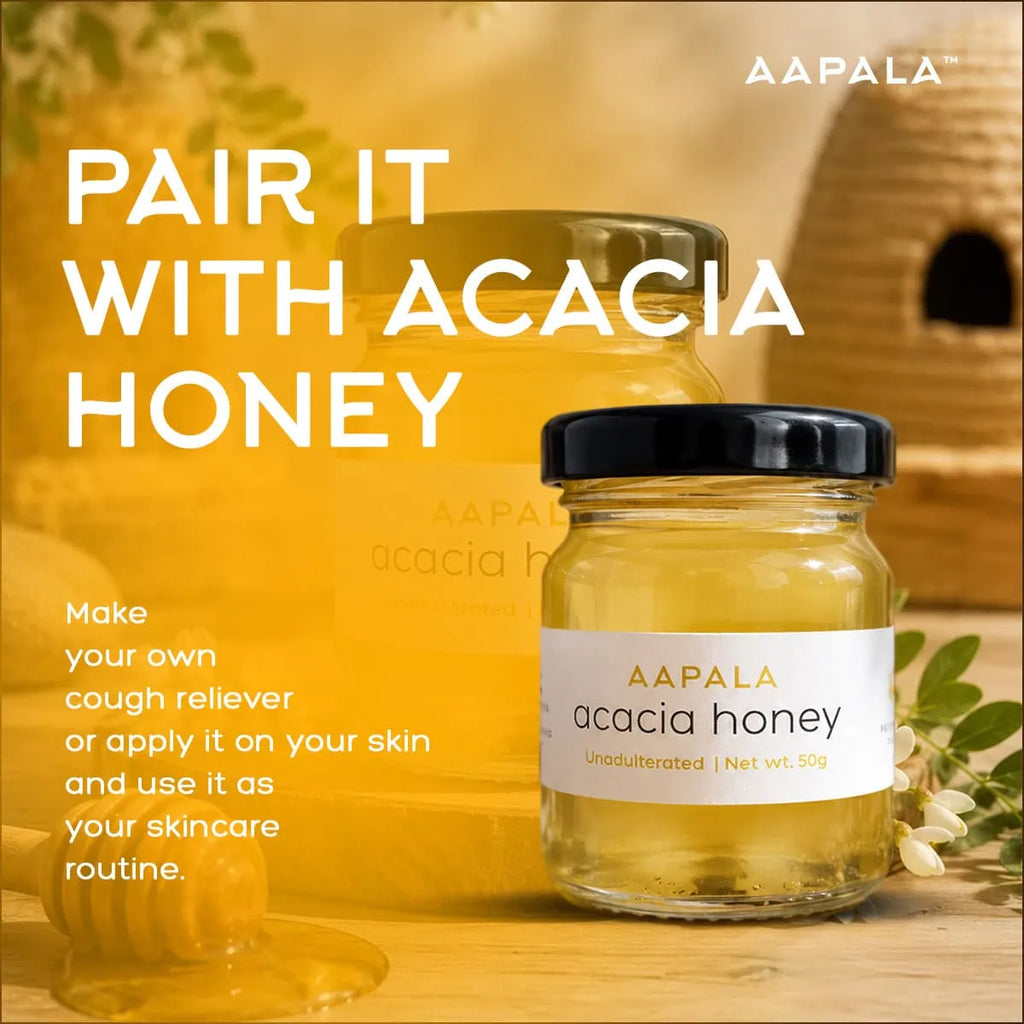 Lakadong Turmeric can be paired with Acacia Honey to use it both internally as a cough reliever and externally as a skincare routine.