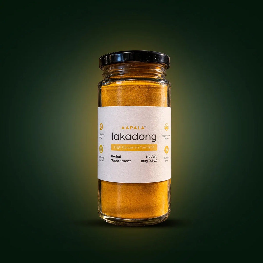 Aapala Lakadong turmeric powder 100g pack to have it with warm water, milk or smoothies. Lasts for 3 months offering around 200 servings.